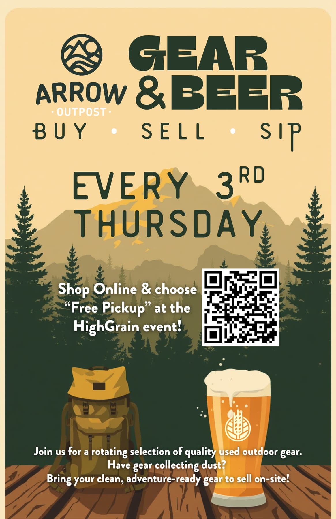Arrow Outpost Gear & Beer: buy, sell and sip used outdoor gear every third Thursday at HighGrain