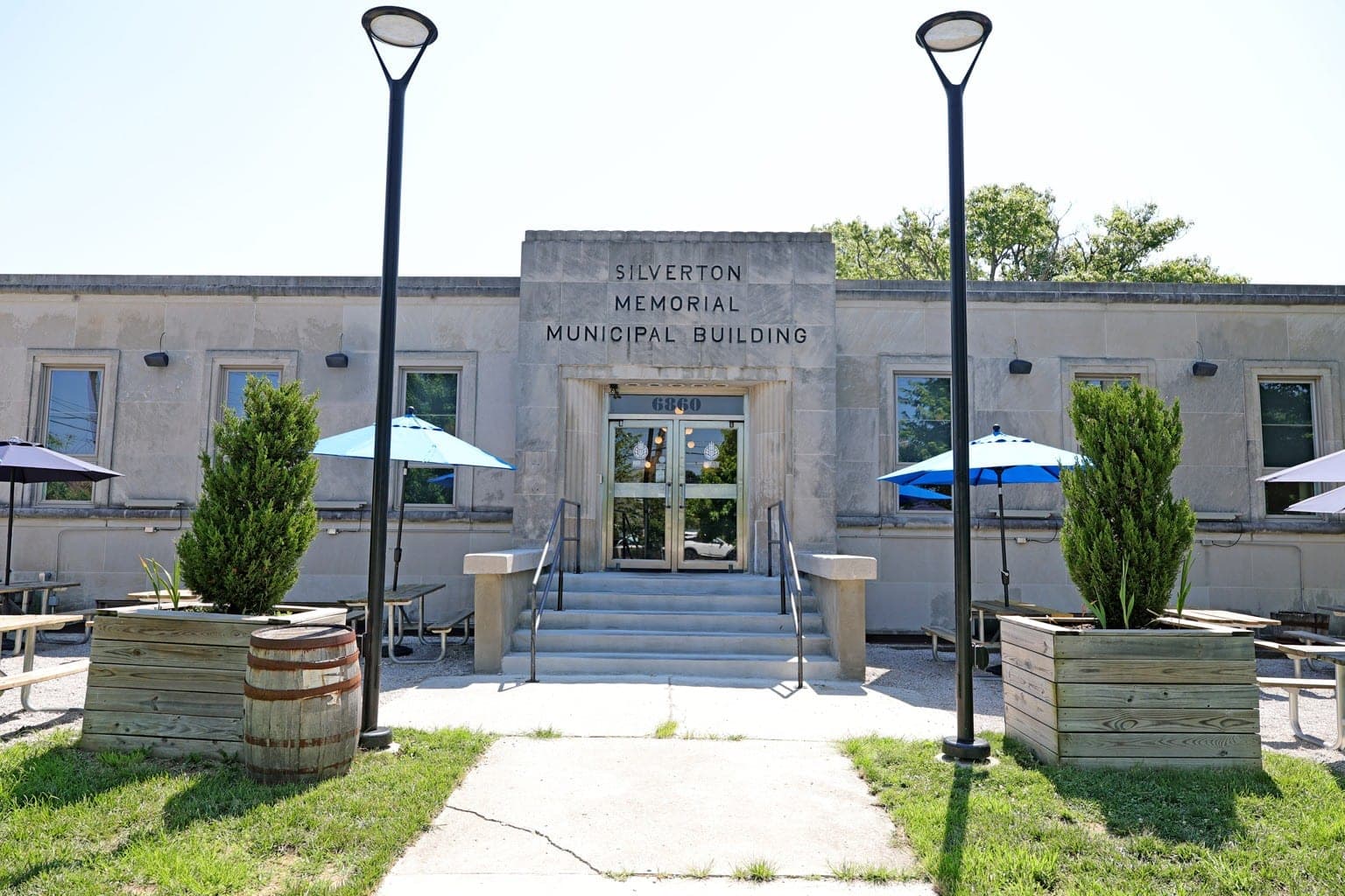 The front steps of the Silverton Memorial Municipal Building, home of the HighGrain Silverton taproom